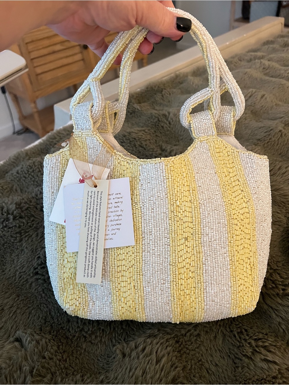 NWT Beaded Butter Yellow & White Stripe Handbag